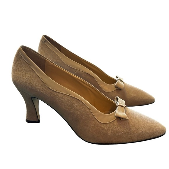 Nina Light Gray Suede Leather Bow Tie Pointed Toe Heels Pumps Office Size 9.5 - Picture 5 of 8